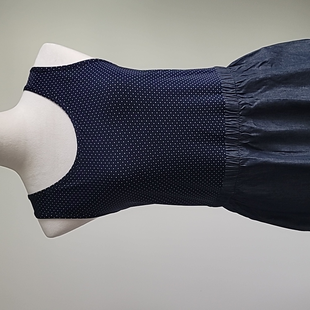 Lightweight Denim Skirt Dress, Polka Dot Stretchy Top, Navy Color, Size M - Picture 6 of 7